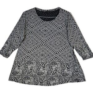 Lucky Brand Tunic Knit Top Women Size 1X Black Ivory Floral Paisley Western Chic
